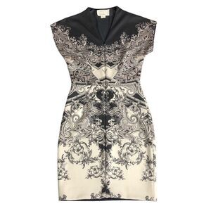 Artelier Nicole Miller Dress Womens 2 Brown Baroque Front Zip Body Con Sheath